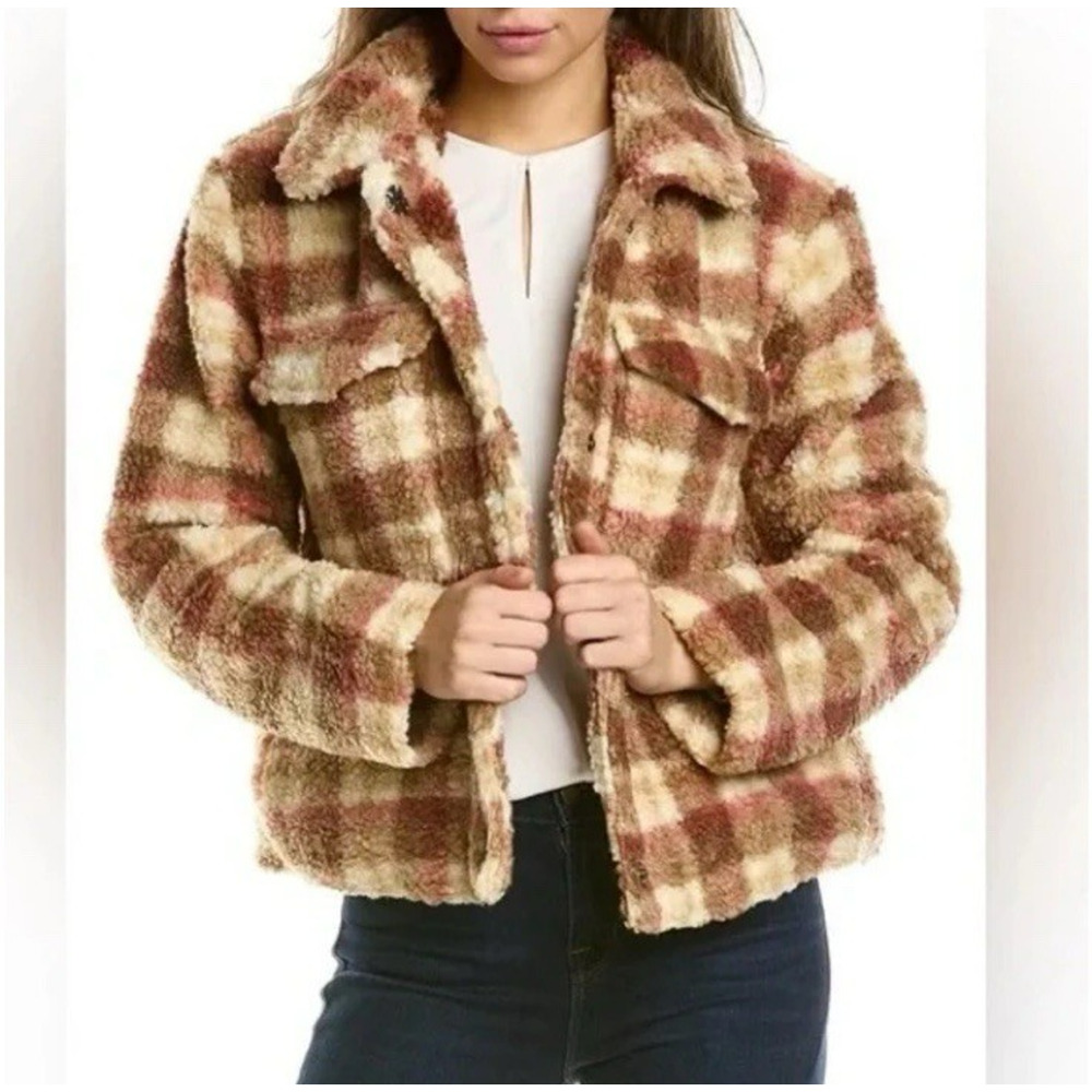 Avec Les Filles Faux Sherpa Plaid Jacket Medium Teddy Trucker Pockets Preppy